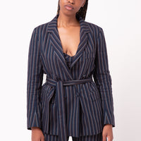 Bety Tie Waist Blazer in Navy Pinstripe